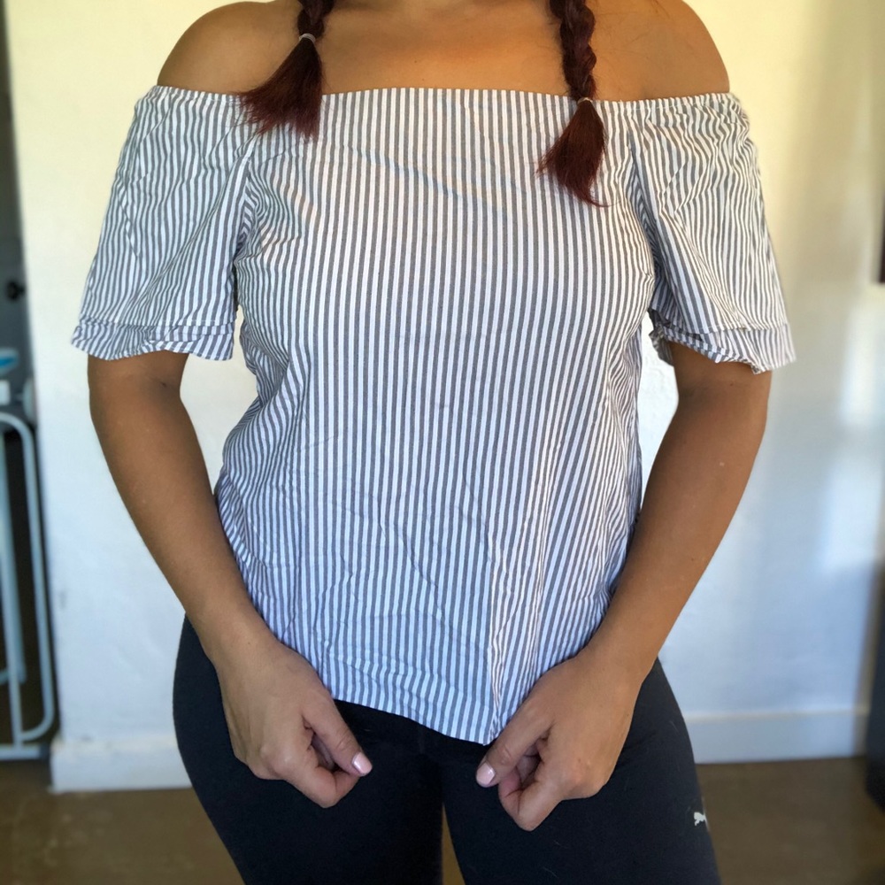Apt. 9 Seersucker Blue Off Shoulder Top